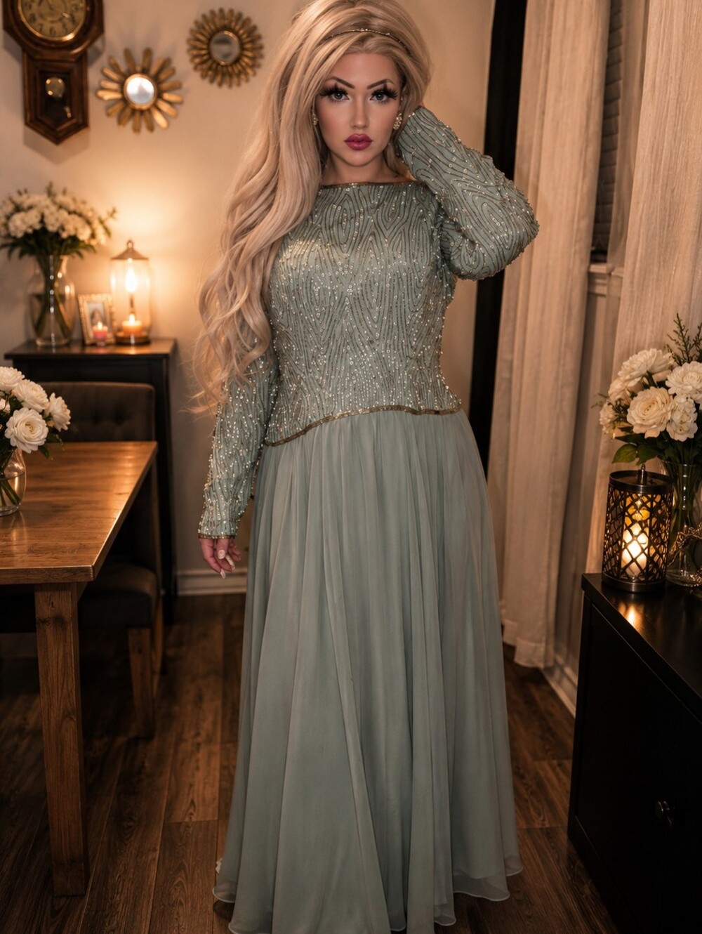Vintage Jack Bryan Mint Green Beaded Sequin Chiffon Maxi Gown Size L/XL 14 16 - Picture 10 of 10